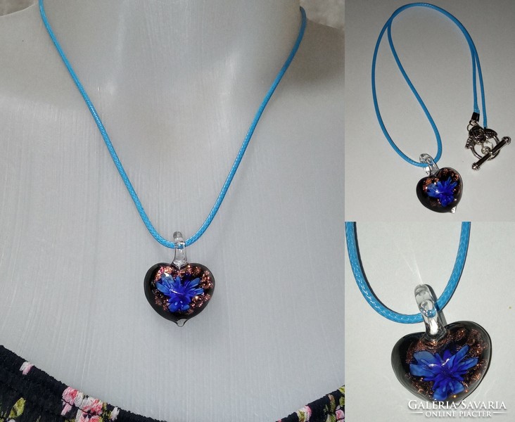 Fashion necklace - unique blue flower with small shiny glass pendant