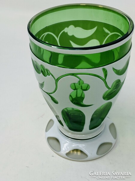 Antique überfang Bieder stemmed glass, goblet in green and white