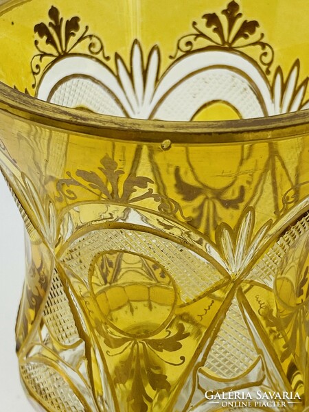 Antik überfangos csiszolt bieder talpasüveg pohár, kehely méz színben   RZ