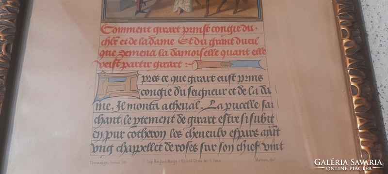 2 db.francia 19.századi litográfia 15.századi kódexlapok alapján
