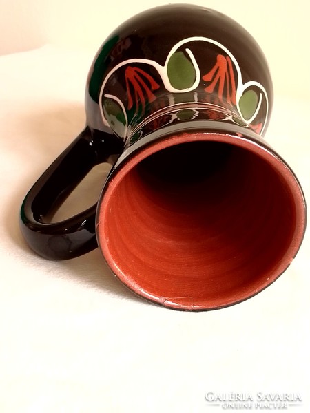 Old folk art black glazed ceramic jug goblet with handle 20.5 cm