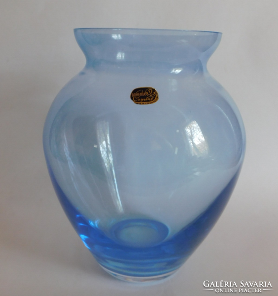 Bohemia crystal light blue glass vase with original label - 19 cm
