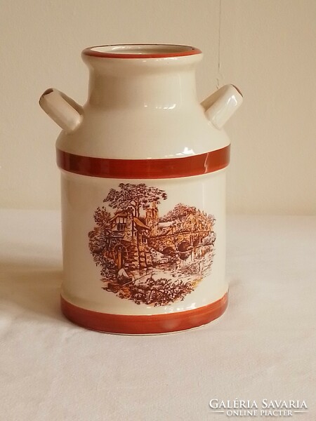 Old earthenware ceramic sour cream milk jug with handle glazed spout water mill scene 14 cm