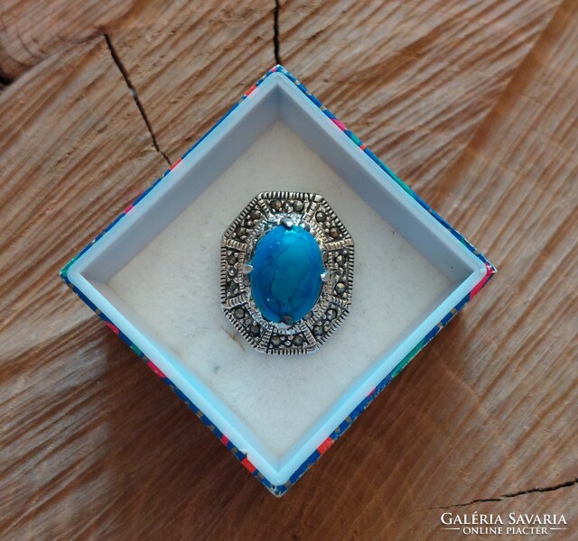 Old silver pendant with reconstructed turquoise and marcasite