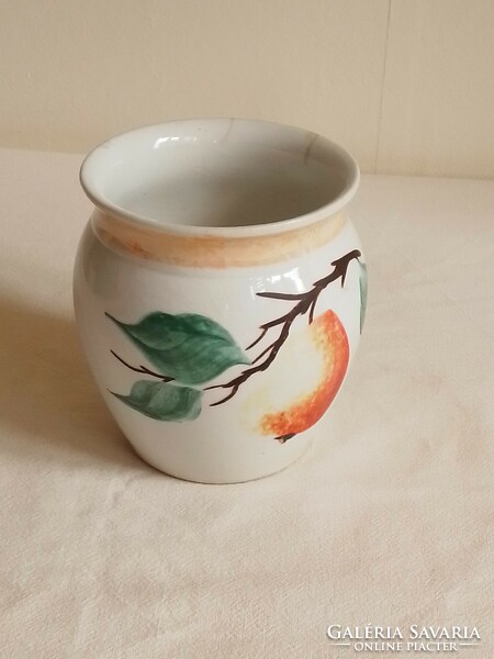 Antique old hand-painted porcelain belly mug with sour cream and sleeping milk with a pear pattern