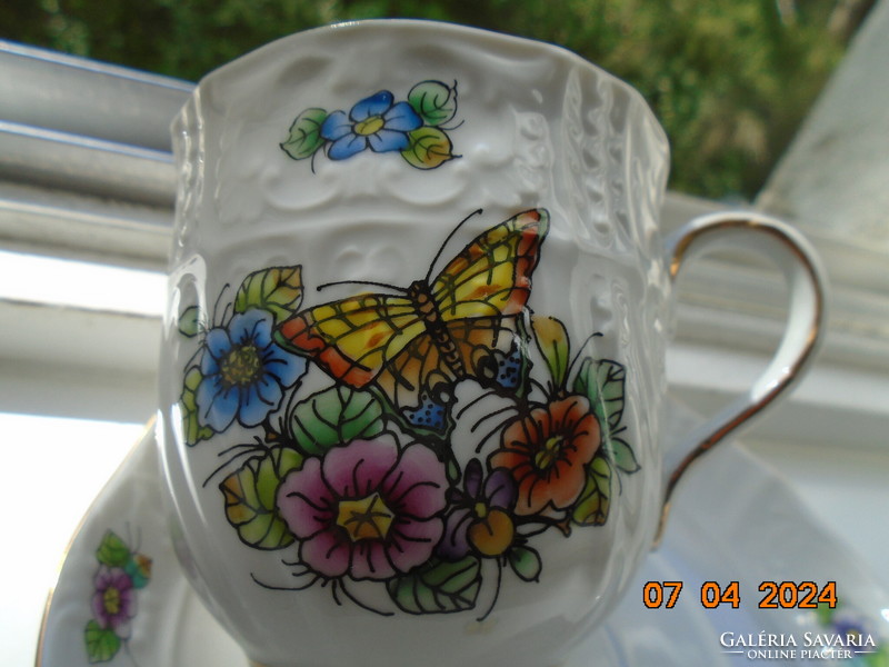 Unique hand-painted flower and butterfly pattern, embossed cup with coaster, contemporary Hungarian studio