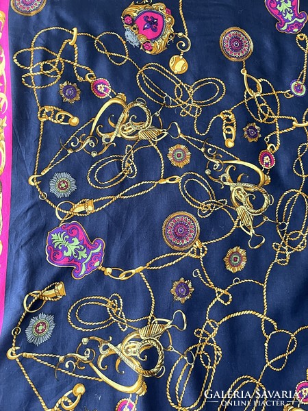 Elegant blue silk scarf with a classic gold chain pattern, 100% silk