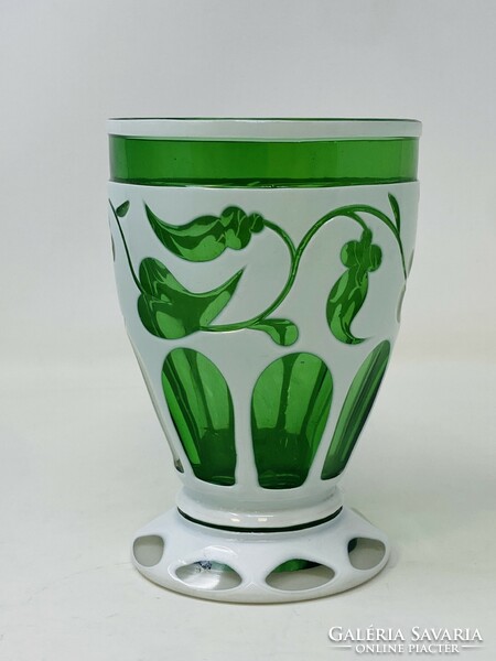 Antique überfang Bieder stemmed glass, goblet in green and white