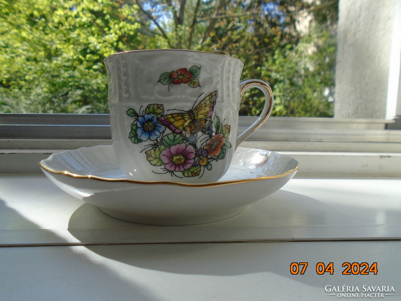 Unique hand-painted flower and butterfly pattern, embossed cup with coaster, contemporary Hungarian studio