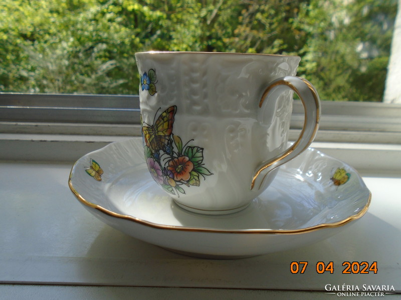 Unique hand-painted flower and butterfly pattern, embossed cup with coaster, contemporary Hungarian studio