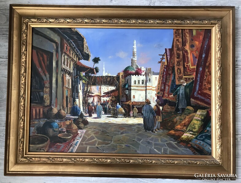 Oil painting/oriental market scene, in a gilded frame.