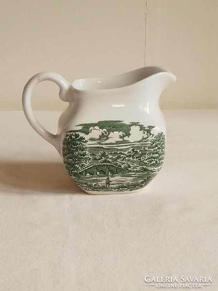 English green patterned earthenware mini cream pouring jug marked crown ducal bridge scenes 80s