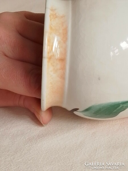 Antique old hand-painted porcelain belly mug with sour cream and sleeping milk with a pear pattern