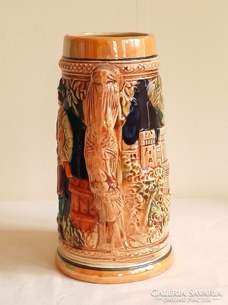 Old marked Japanese relief pattern Bavarian scene glazed ceramic beer mug with handle 20 cm