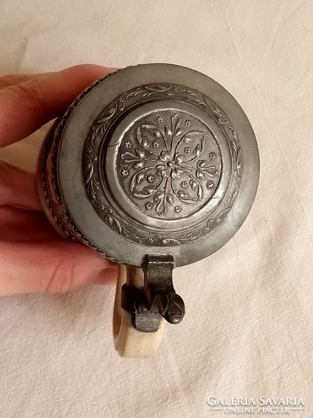 Antique old tin lid mini stoneware German Salzburg beer mug Krigli bier-stein tendril ornament