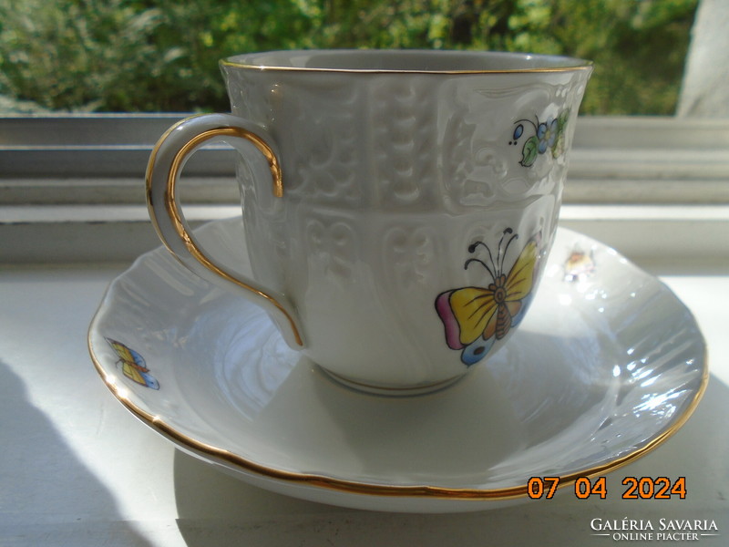 Unique hand-painted flower and butterfly pattern, embossed cup with coaster, contemporary Hungarian studio