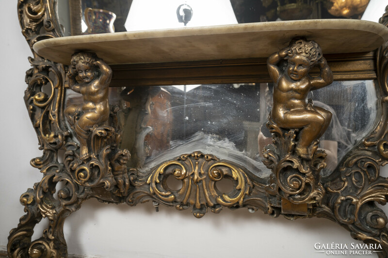 Antique large neo-baroque wall mirror with marble bracket