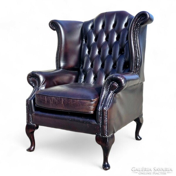 A814 original English chesterfield queen anne winged leather armchair