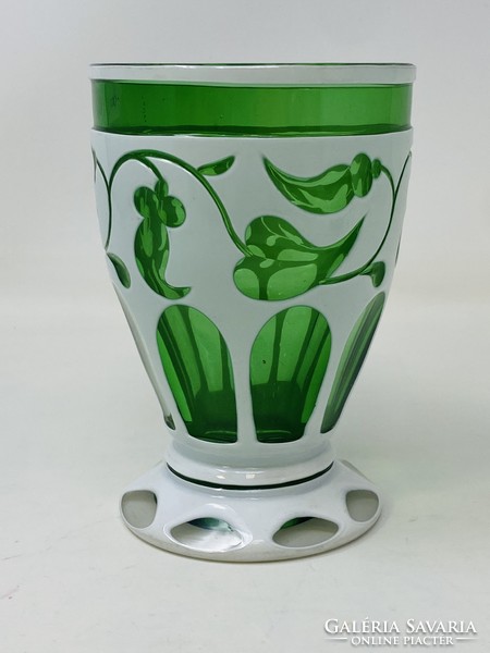 Antik überfangos bieder talpasüveg pohár, kehely zöld és fehér színben   RZ