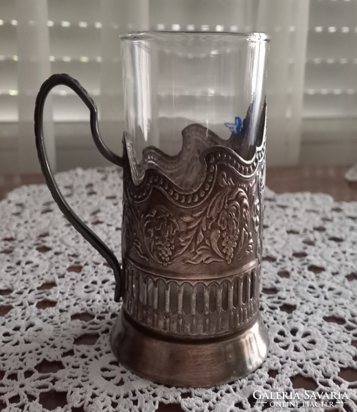 Russian teacup holder with silver-plated glass cup