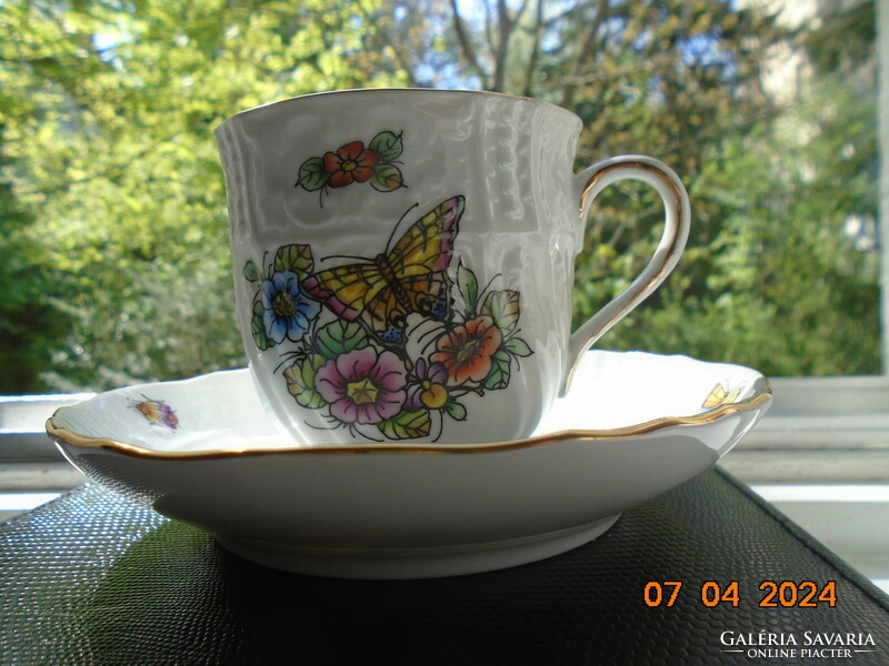 Unique hand-painted flower and butterfly pattern, embossed cup with coaster, contemporary Hungarian studio