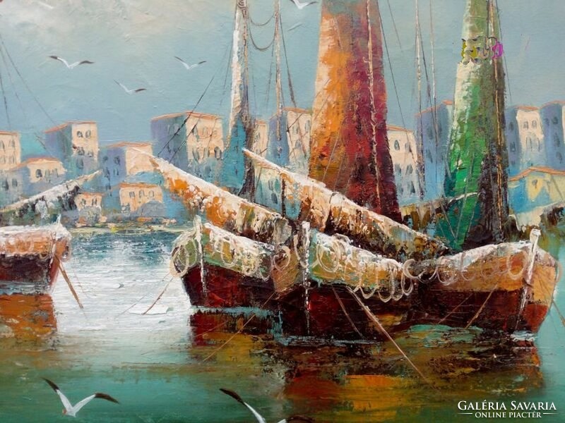 Mediterranean port fisherman with sailboats and seagulls, framed by impressionist painting
