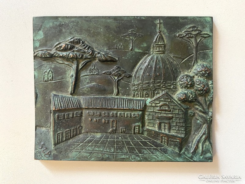 Thick retro bronze picture plaque of Szent István house with Szb inscription