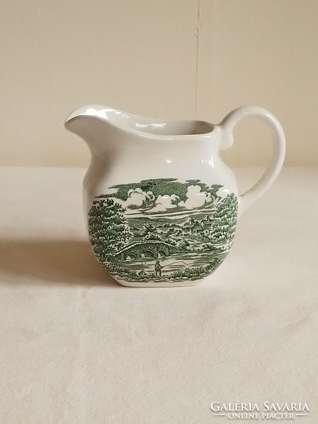 English green patterned earthenware mini cream pouring jug marked crown ducal bridge scenes 80s