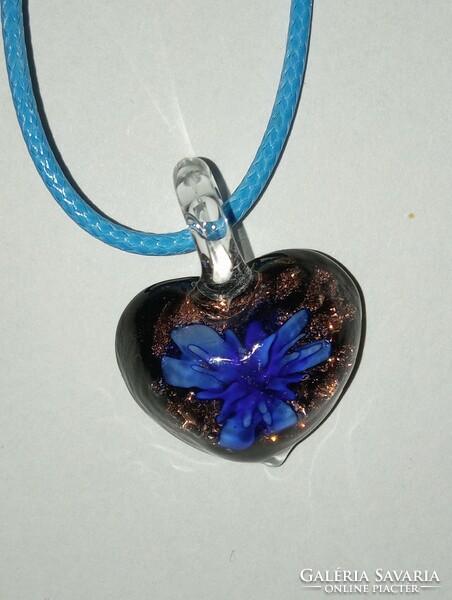 Fashion necklace - unique blue flower with small shiny glass pendant