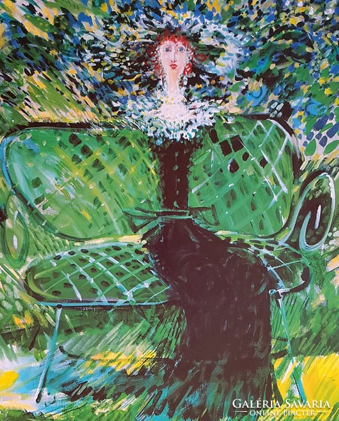 János Kass - lady in green dress 58 x 38 cm print