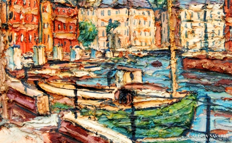 Contemporary artist (e.B.L.): Port detail with clock tower - 3d surface, framed painting