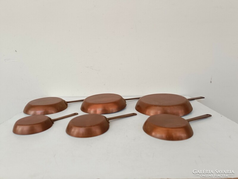 Antique kitchen tool with traces of tin plating red copper pan brass handle set of 6 pieces 8651