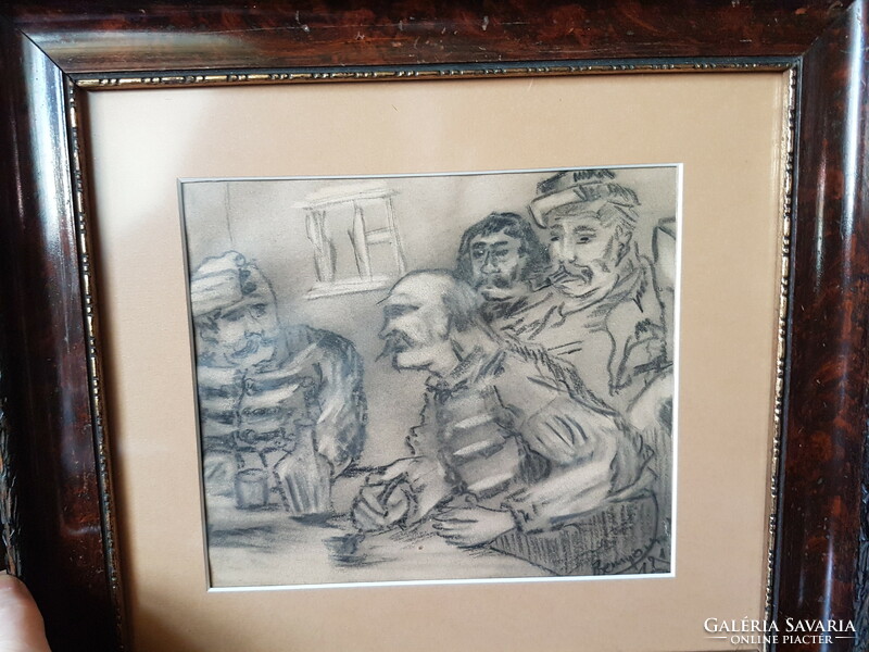 Benyovszky signed, dated charcoal, paper, soldiers, in a nice old frame.