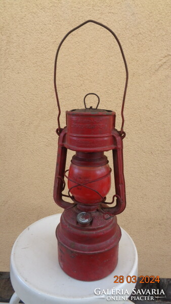 Kerosene lamp, storm lamp, made in Germany, feuerhand with red Jena glass