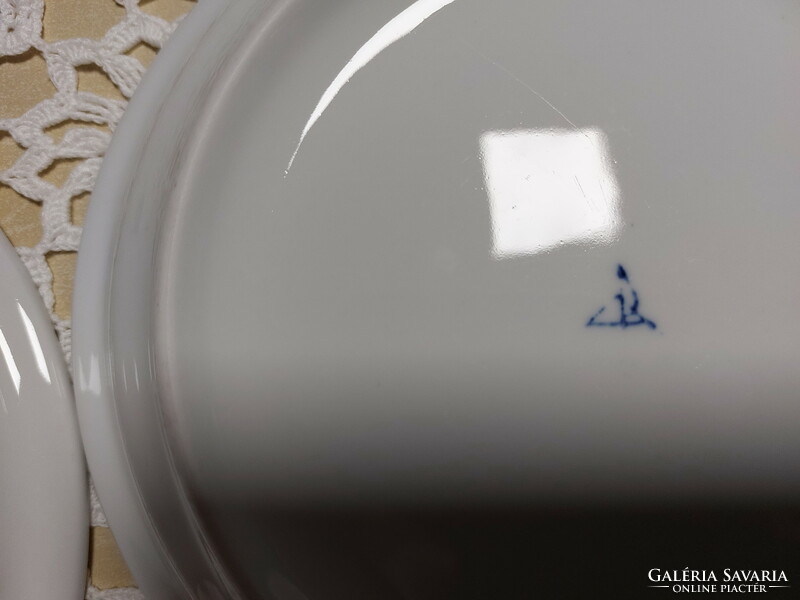 Alföldi Menzás porcelain serving bowl, plate, with blue stripe, 2 pcs