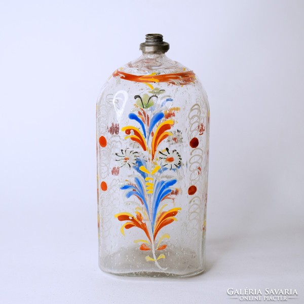 Colorless glass, enamel painted decoration, tin screw head without cap
