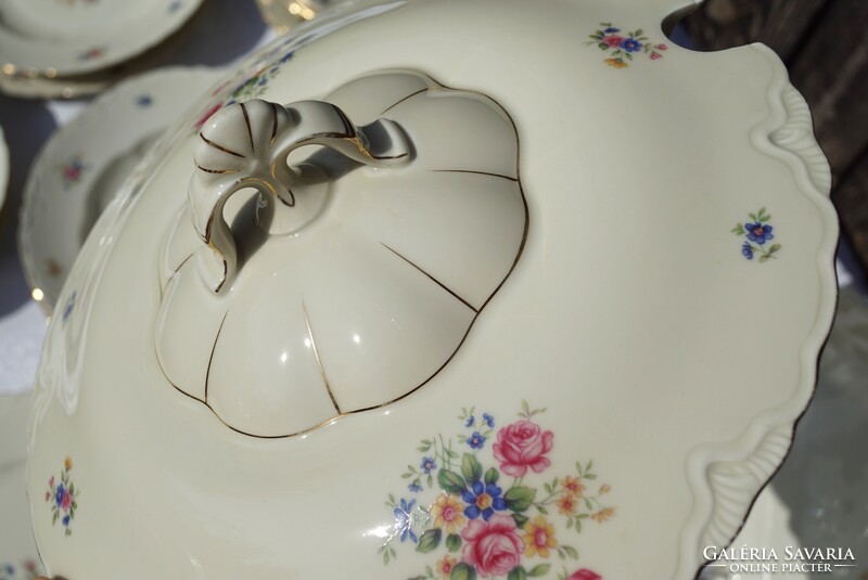 Antik német Schönwald porcelán rózsás virágos 6 személyes étkészlet
