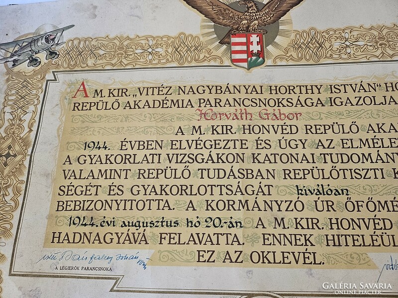 1944 Vitéz István Horthy flight academy certificate