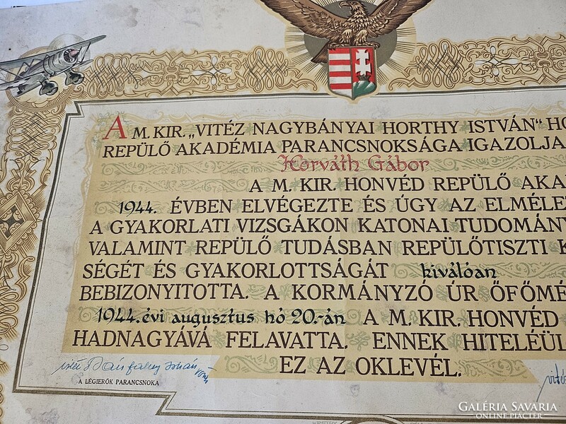 1944 VITÉZ HORTHY ISTVÁN REPÜLŐAKADÉMIA OKLEVELE