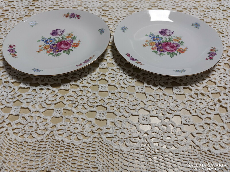 MZ-Moritz Zdekauer Cseh /Csehszlovák/ rózsás-tulipános porcelán 2db lapos tányér arany széllel