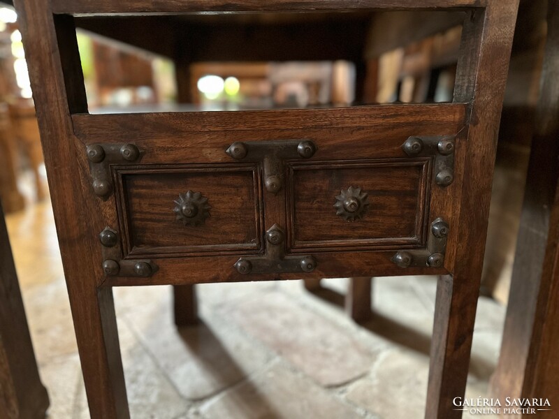 Medieval style Indian rosewood table with decorative hardware, 6 chairs, very rare piece of furniture