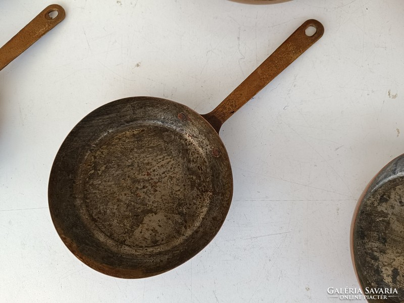 Antique kitchen tool with traces of tin plating red copper pan brass handle set of 6 pieces 8651