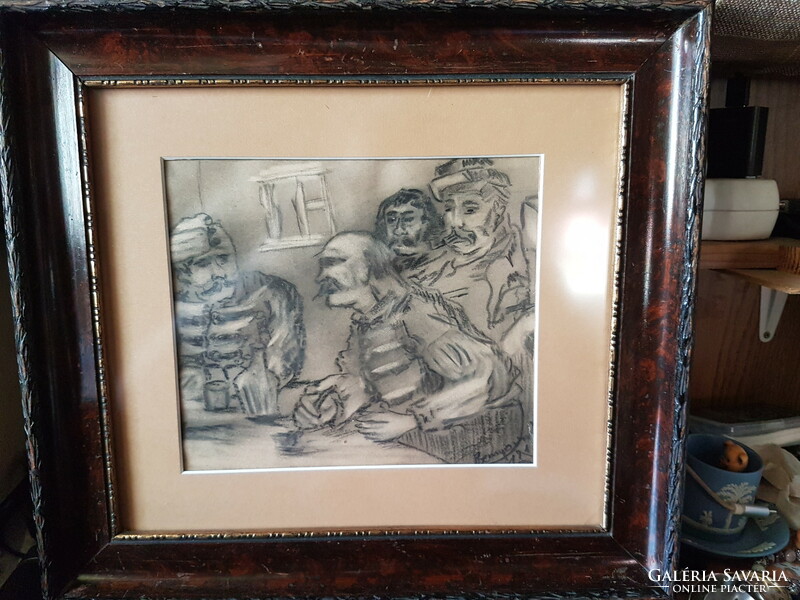 Benyovszky signed, dated charcoal, paper, soldiers, in a nice old frame.