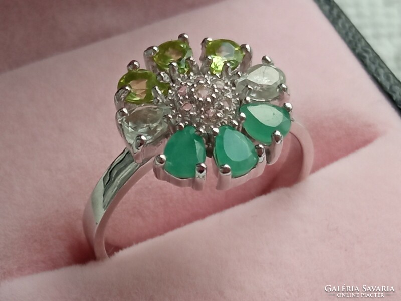 Emerald - peridot - topaz 925 silver ring 57