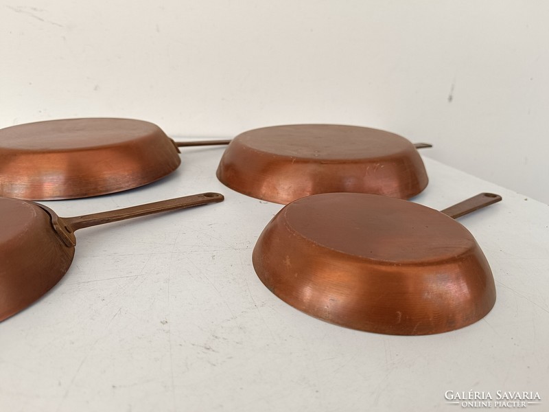 Antique kitchen tool with traces of tin plating red copper pan brass handle set of 6 pieces 8651