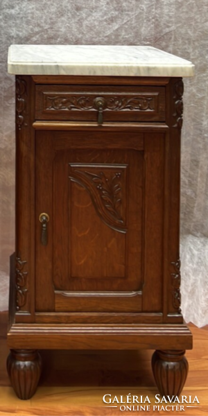 Antique carved oak chest of drawers with marble top