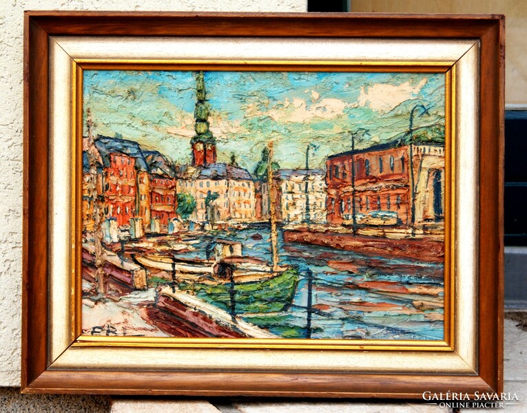 Contemporary artist (e.B.L.): Port detail with clock tower - 3d surface, framed painting