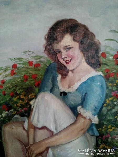 Young lady resting among wildflowers, antique oil on canvas painting, illencz lipót