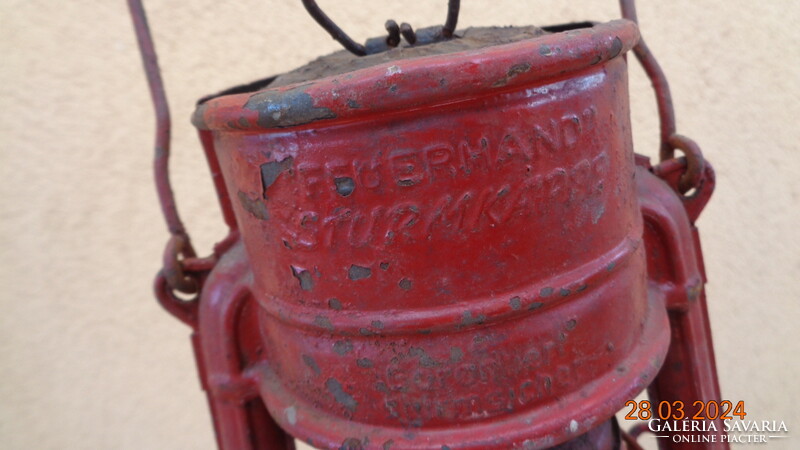 Kerosene lamp, storm lamp, made in Germany, feuerhand with red Jena glass