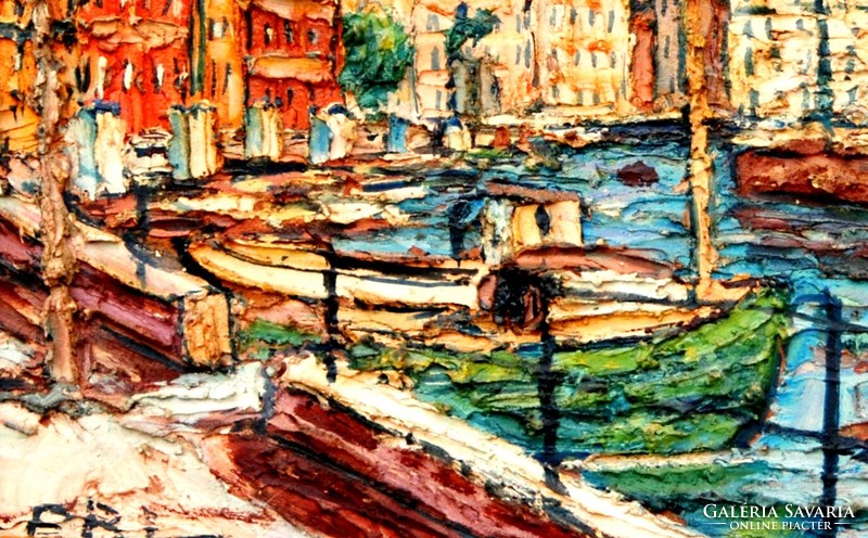 Contemporary artist (e.B.L.): Port detail with clock tower - 3d surface, framed painting